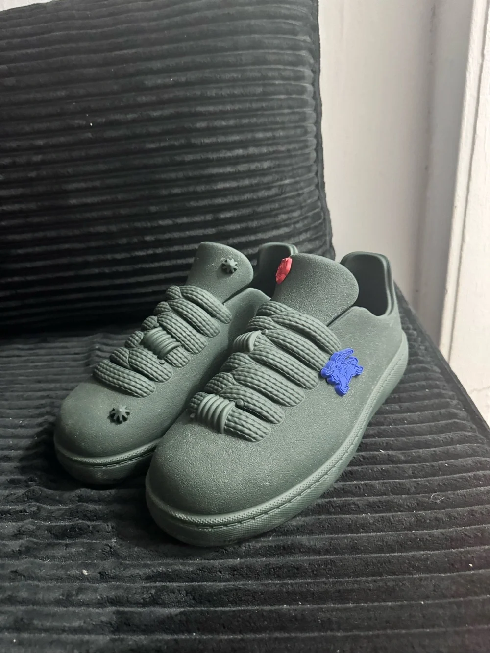 Burberry Olive Green Athletic Sneakers with Red and Yellow Rose Accents